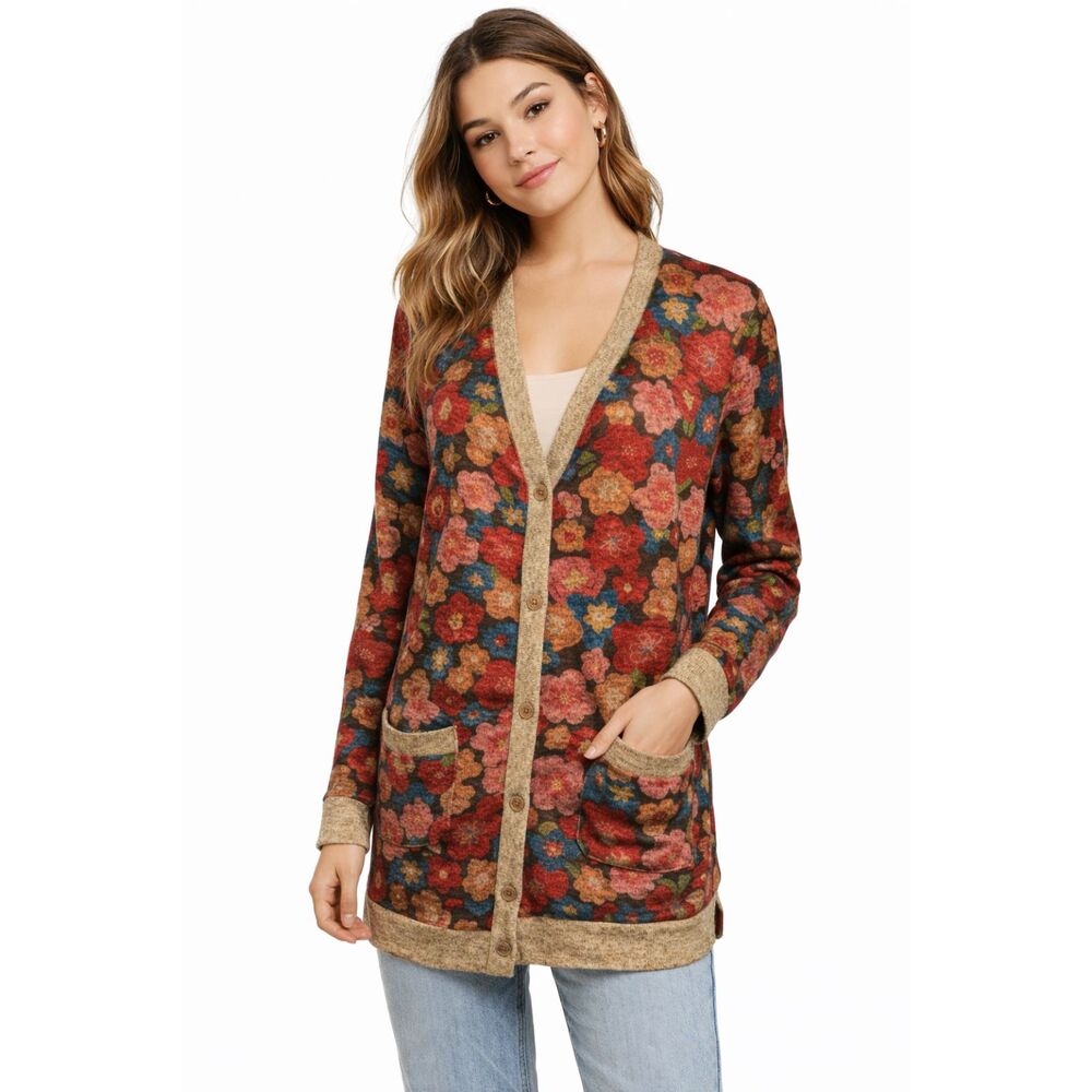 GRECERELLE FLORAL KNIT CARDIGAN BOHO OPEN FRONT MULTICOLOR FLORAL SIZE L GUC